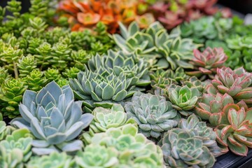 Vibrant assortment of decorative succulents in a flower shop showcasing green, blue, and orange hues arranged in neat rows with a focused florist selecting ideal plants for creative gift designs