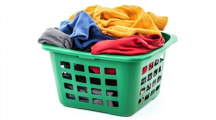 Colorful clothes in green plastic laundry basket isolated against a clean white background showcasing textiles for home and laundry concepts.
