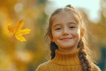 Fototapeta premium Joyful young girl with braids wearing a cozy yellow sweater smiling in a vibrant autumn park surrounded by orange and yellow foliage, capturing the essence of fall.