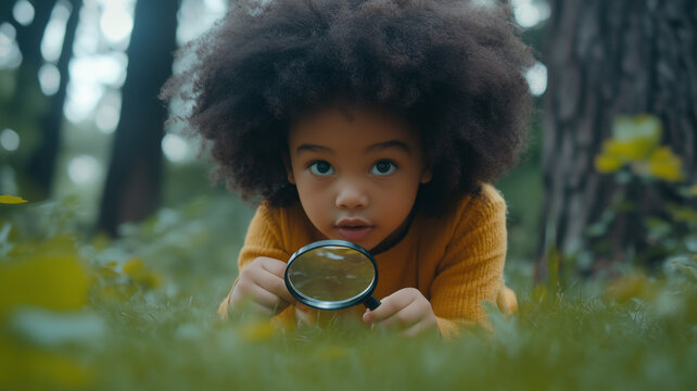 curious little girl with curly hair explores woods using magnifying glass, surrounded by greenery and nature. Her expression shows wonder and excitement