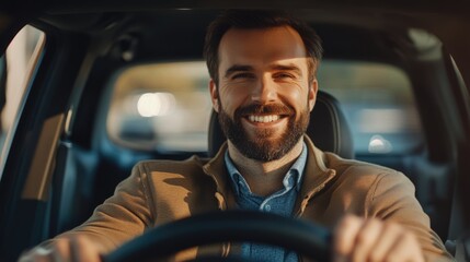 Obraz premium Smiling male car dealer in a cozy interior with warm sunlight inviting customers to experience a new vehicle, offering ample copyspace for text.