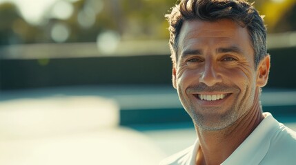 Professional tennis instructor smiling joyfully on outdoor court with vibrant daylight, showcasing ample copyspace for text and a blurred background.