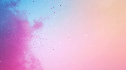 Obraz premium Elegant woman with long hair in vibrant pink and blue ambiance, broadcasting a live makeup tutorial, showcasing beauty products against a gradient pastel background.
