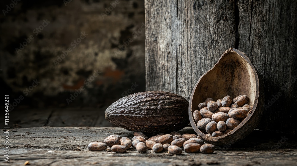 Poster cocoa beans and cocoa pod resting on rustic wooden surface showcasing natural textures and earthy to