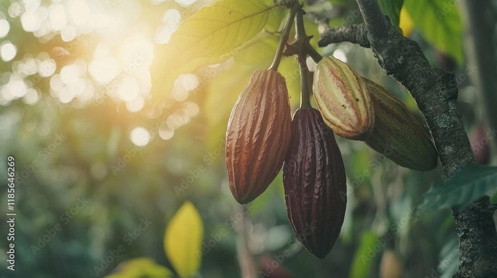 Aufkleber cocoa pods hanging from a tree in a lush forest with soft sunlight highlighting the vibrant environm