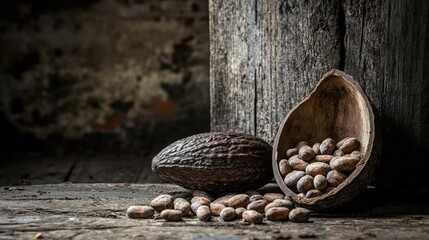 Cocoa beans and cocoa pod resting on rustic wooden surface showcasing natural textures and earthy tones in a warm atmospheric setting