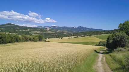 Fototapeta premium Ripe barley fields under a clear blue sky in a picturesque green landscape with distant mountains and a winding dirt path