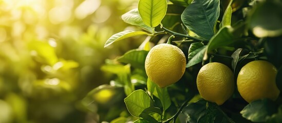 Pruning a lemon tree in a lush garden focusing on ripe lemons surrounded by vibrant foliage under warm natural lighting
