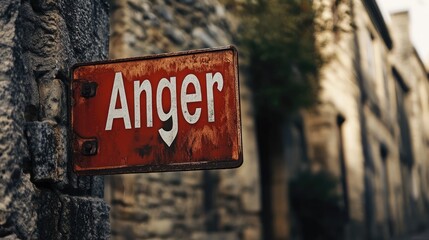 Rusty red street sign with the word Anger in front of a weathered stone building in an old urban neighborhood setting