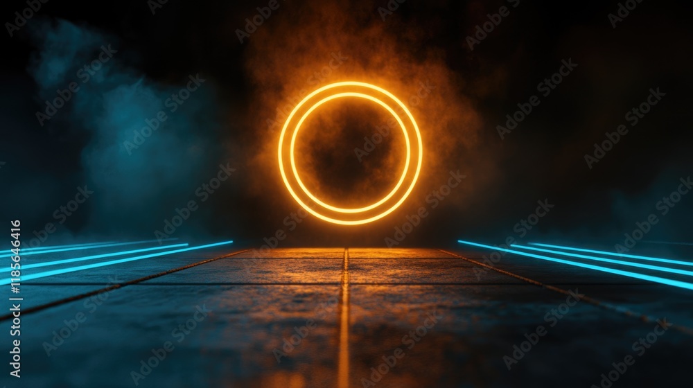 Poster neon circle on dark background with smoke and blue lines emphasizing goals and performance planning 