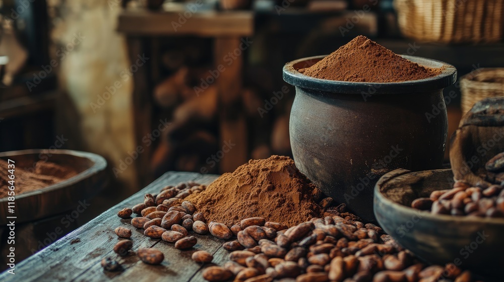 Poster Cocoa powder and cocoa beans arranged on a rustic wooden table showcasing the rich texture and color of chocolate ingredients