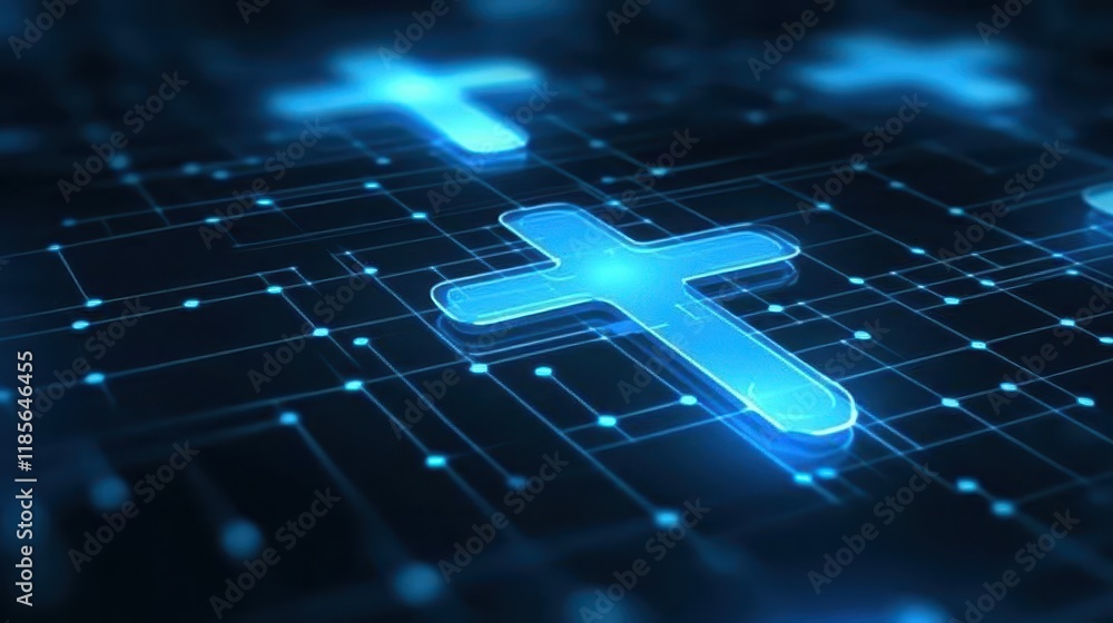 Poster futuristic blue background with digital symbols and network-inspired patterns