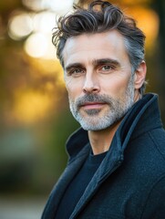 Fototapeta premium Handsome middle-aged man with an unshaven look in an autumn outdoor setting featuring warm bokeh background and large empty copyspace for text.