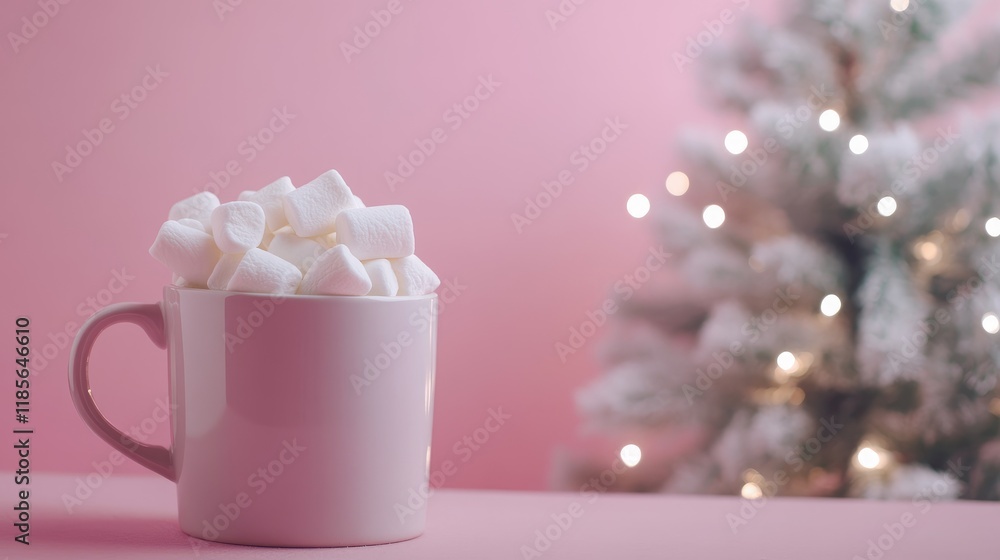 Aufkleber cozy mug of cocoa topped with marshmallows beside a festive tree creating a warm holiday atmosphere 