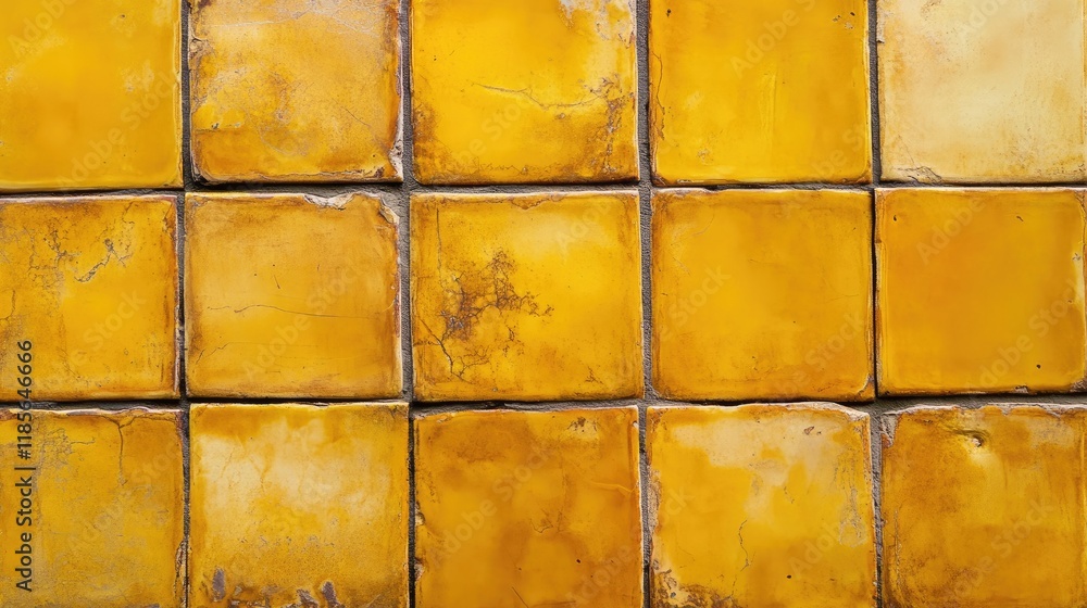 Poster textured yellow porcelain tiles arranged in a grid pattern creating a vibrant and warm wall backgrou