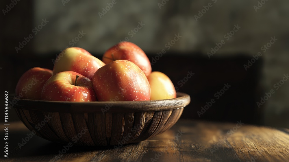 Poster freshly harvested apples arranged in a rustic wooden basket on a textured table with soft lighting c