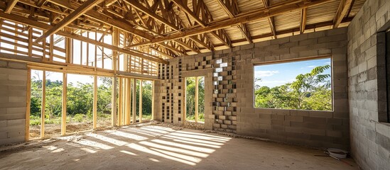 Interior view of a partially constructed house showcasing aerated concrete blocks and wooden roof highlighting building progress and design features