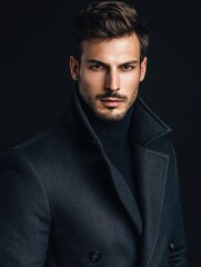 Obraz premium Elegant male fashion portrait with stylish dark overcoat in studio setting, confident expression against black background, ample empty space for text.