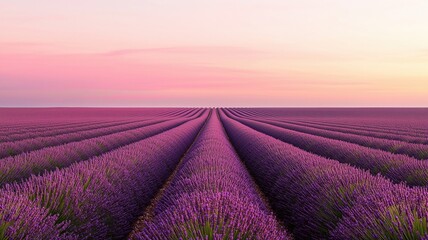 Obraz premium Wide view empty concept. Lavender fields under a pastel sky at sunset.