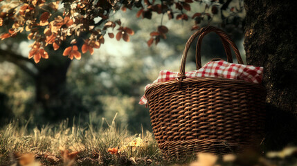 A wicker picnic basket in a grassy field with blurred foliage in the background