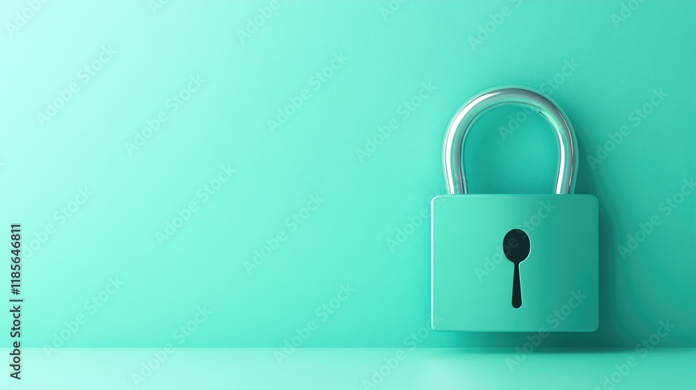 Poster secure padlock on soft turquoise background with copy space for text in minimalist design and slight