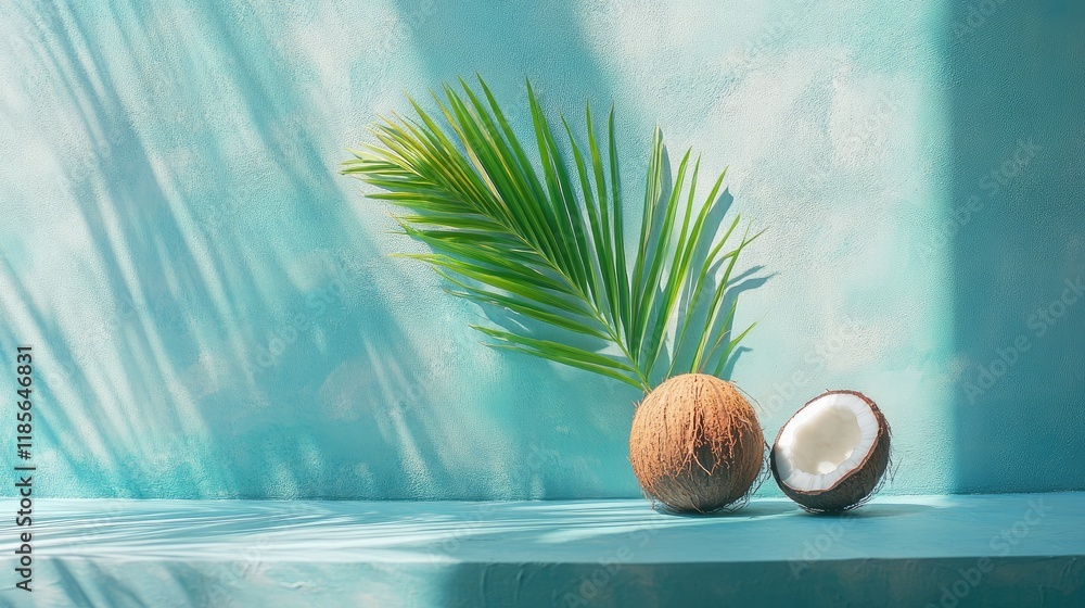 Poster coconuts and palm leaves arranged on a vibrant blue surface with soft shadow effects creating a trop