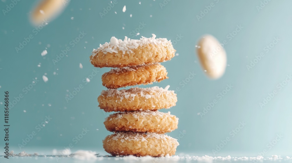Poster coconut biscuits stacked with coconut flakes on a pastel background creating a fresh and appetizing 