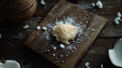 Coconut butter on rustic wooden surface showcasing organic wellness and beauty concept with natural ingredients for healthy living
