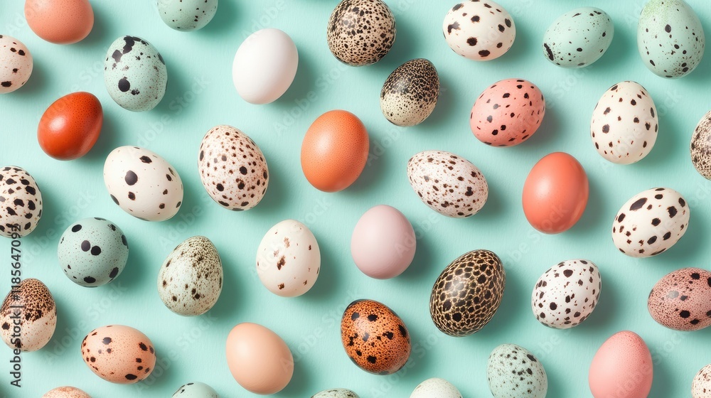 Poster colorful assorted quail eggs arranged on a soft pastel background in an overhead view creating a vib