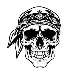 skull wear bandana engraving black and white outline. Scratch board imitation.