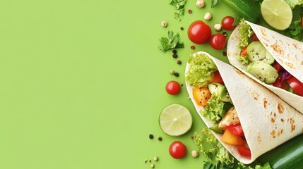 Fresh vegan wrap with colorful vegetables, garnished with lime, against a vibrant green background, ideal for healthy food promotions.