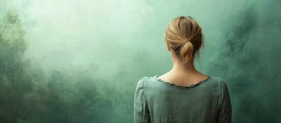 Girl with blonde hair dressed in sage green top standing against a soft green textured background with ample empty copyspace for text.