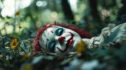 Eerie clown doll resting among foliage in a tranquil forest setting with vibrant wildflowers and dappled sunlight illuminating the scene.
