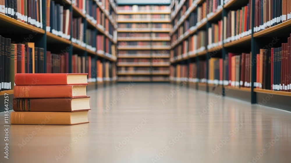 Poster wide view empty concept. books stacked on the floor in a library aisle surrounded by shelves.