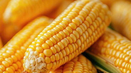 Close Up of Ripe Yellow Corn Ears with Detailed Kernel Texture on Blurred Background Ideal for Agriculture and Food Related Content