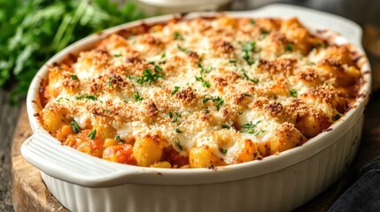 Baked minestrone casserole featuring melted cheese and crispy breadcrumbs served in a white dish with fresh herbs on the side