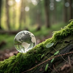 Crystal globe glass on green moss in forest to protect nature Save and care for sustainable