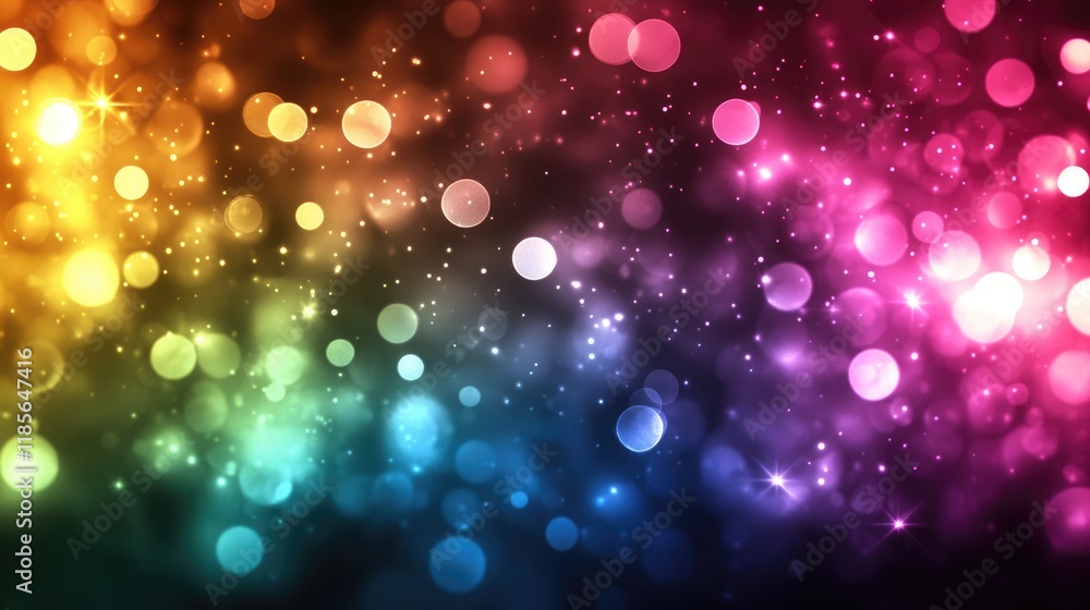 Poster vibrant and magical rainbow bokeh background with sparkling lights and colorful dots for design proj