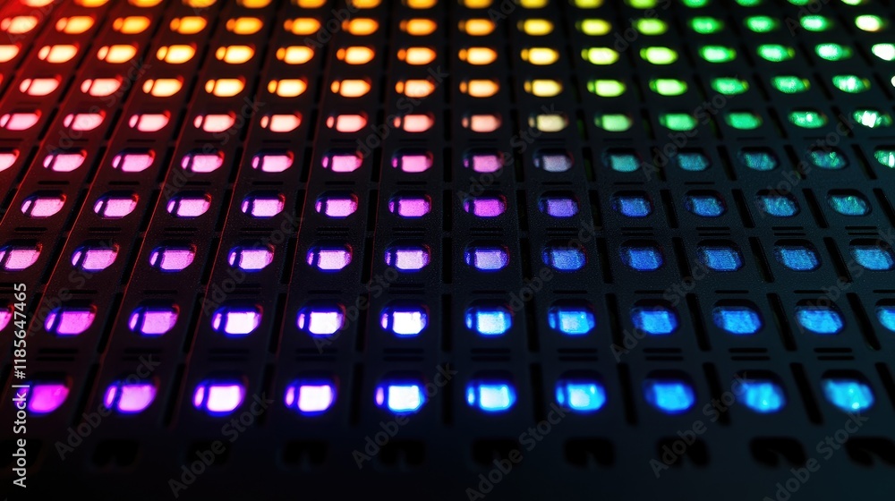 Poster vibrant rainbow light reflections creating a stunning pattern on a sleek black grid surface for visu