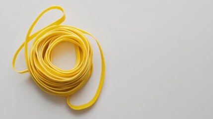 Yellow rubber band neatly coiled on a smooth white background showcasing simplicity and versatility in office supplies or crafting materials