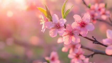 Peach Tree Blossoms Bathed in Gentle Sunlight Signifying the Joys of Springtime Bloom