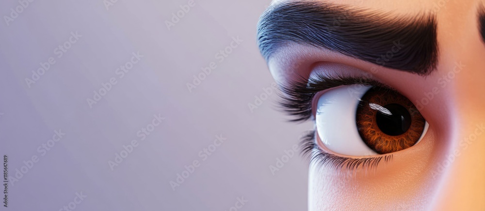 Poster close-up view of a light brown eye with dark eyelashes and eyebrows on fair skin isolated on a soft 