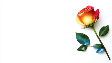 Fototapeta premium Vibrant rainbow rose with yellow and red petals displayed elegantly on a clean white background ideal for design and floral themes