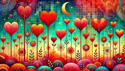 Enchanting Heart Trees in a Mystical Night Scene.