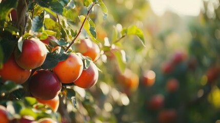 Ripe persimmons in vibrant red and orange hues flourishing on tree branches in a sunlit orchard setting during harvest season