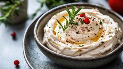 Creamy Tofu Spread Garnished with Herbs and Spices in a Rustic Bowl