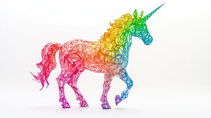 Vibrant multicolored unicorn sculpture with geometric design set against a clean white background for creative and whimsical projects