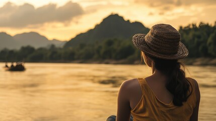 Young woman in a straw hat sitting by the Mekong River at sunset in Thailand with scenic mountains in the background and ample copyspace for text.