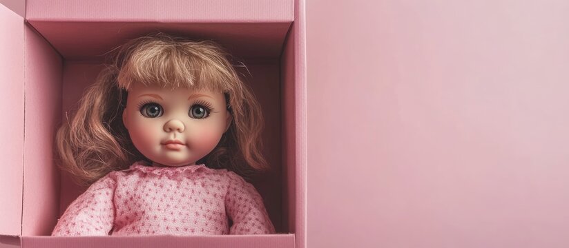 Vintage porcelain doll in a pastel pink box with ample blank space for text, captured from a top-down angle against a soft pink background.