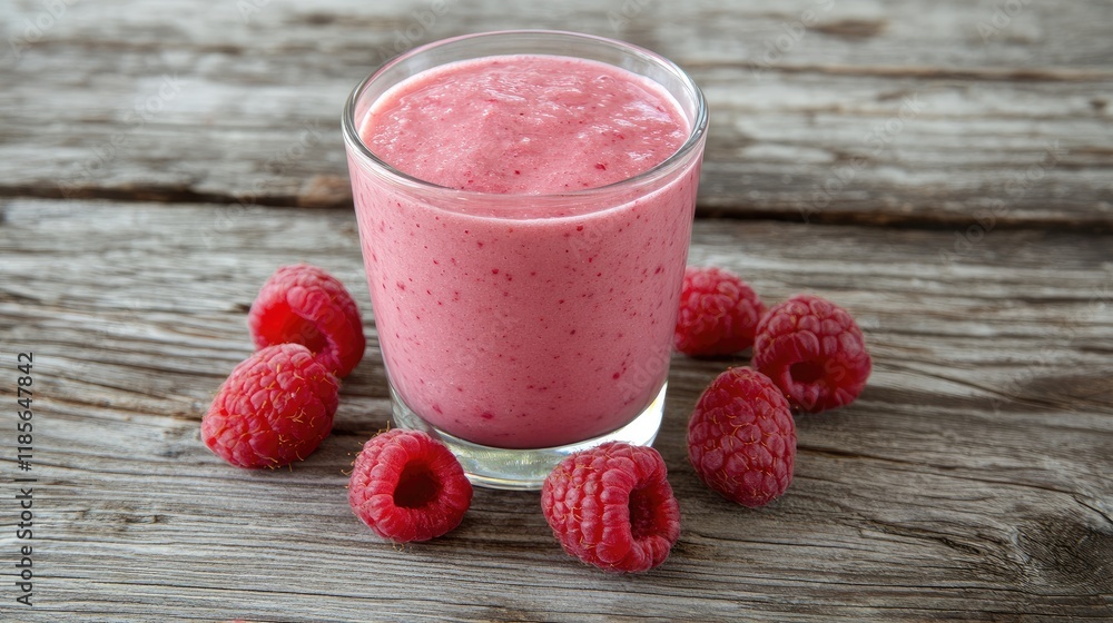 Poster pink raspberry smoothie in glass surrounded by fresh raspberries on rustic wooden table creating a v